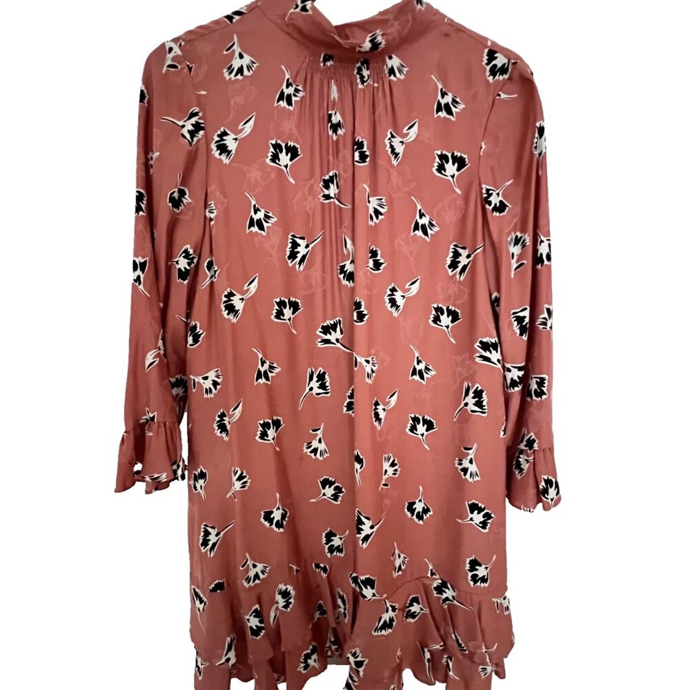 Rebecca Taylor Dress 10 Floral Ruffle Silk Blend Long Sleeve Coral